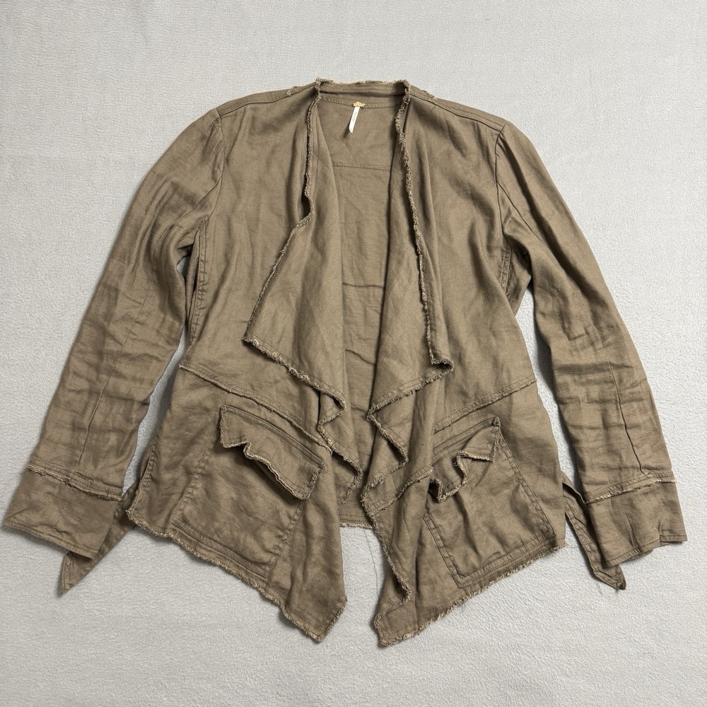 Free People Jacket Womens M Brown‎ Linen Boho Festival Raw Hem Open Buckle